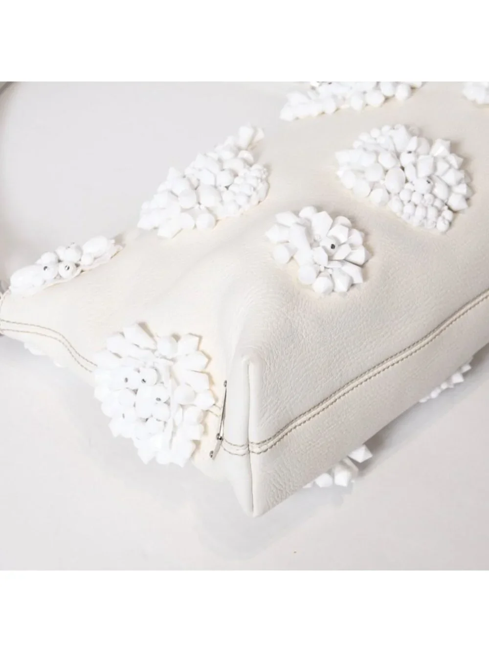 Prada Hobo Handbag Beads Leather White